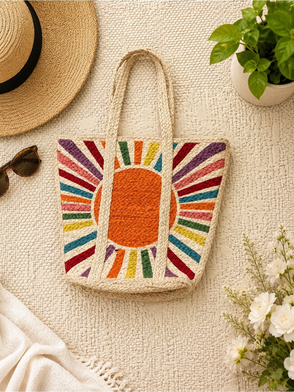 Woven Multicolor Sunburst Straw Tote Bag - Orange